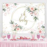 Lofaris Oh Baby Pink Floral Green Leaves Shower Backdrop